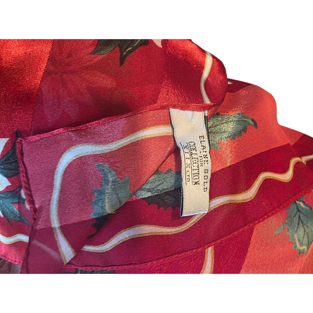 Elaine Gold Collection Silk Scarf Red Poinsettia Holly Christmas Holiday Oblong